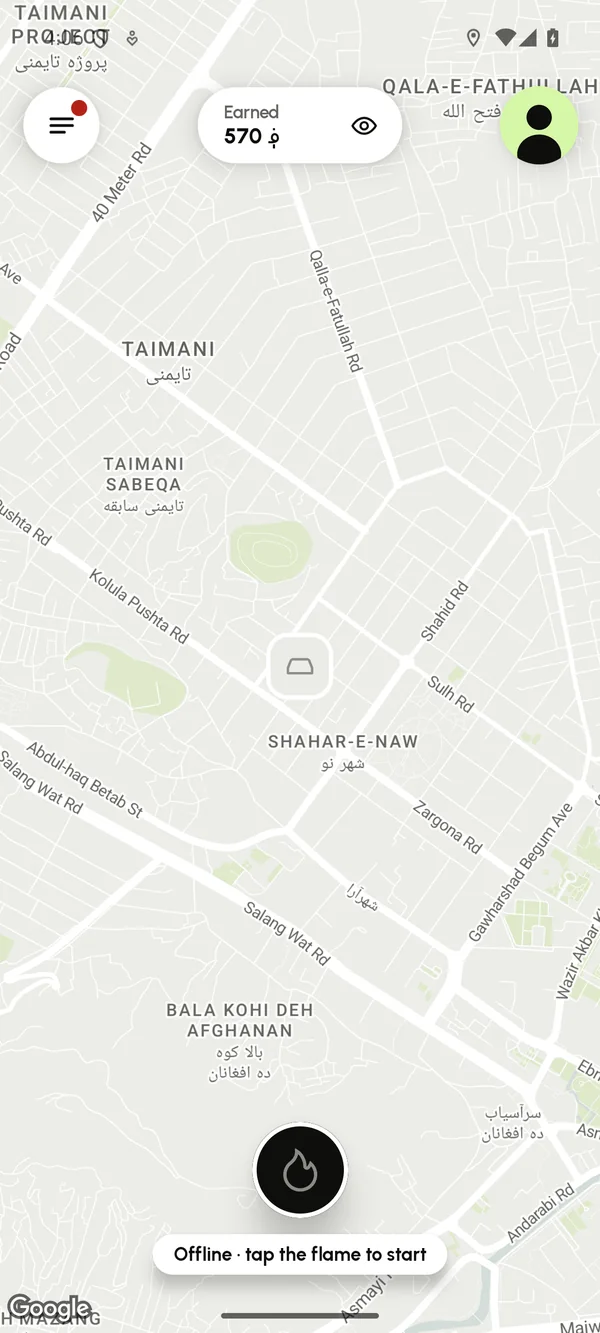 Teksi1 for drivers: the map, today's earnings and the flame to go online