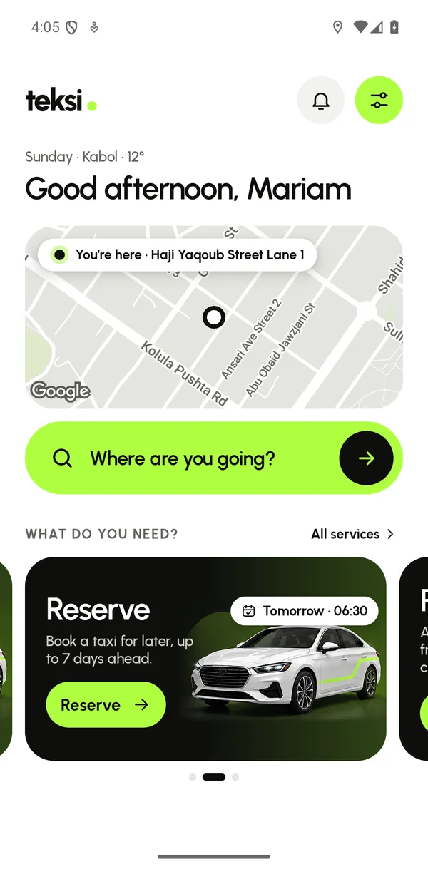 The Teksi home screen: where you are on the map and “Where are you going?”