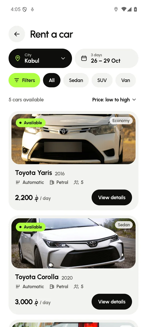 Rent a car in Teksi: cars in Kabul with their price per day