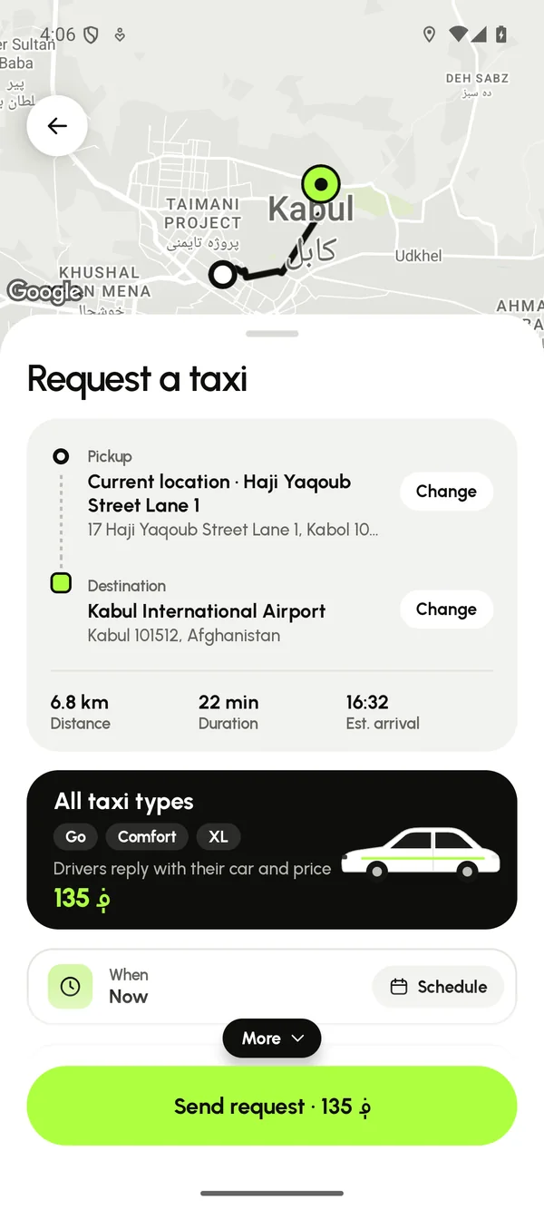 A ride request in Teksi: distance, time and the price before you ask