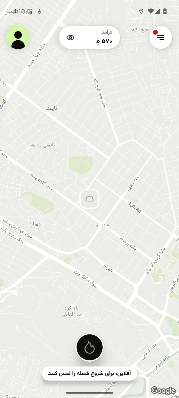 تکسی۱ برای راننده‌ها: نقشه، درآمد امروز و دکمه شعله برای آنلاین شدن